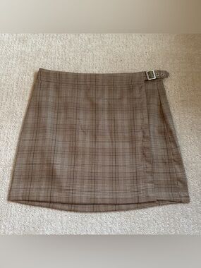 Plaid Brown Wrap-Style Mini Skirt